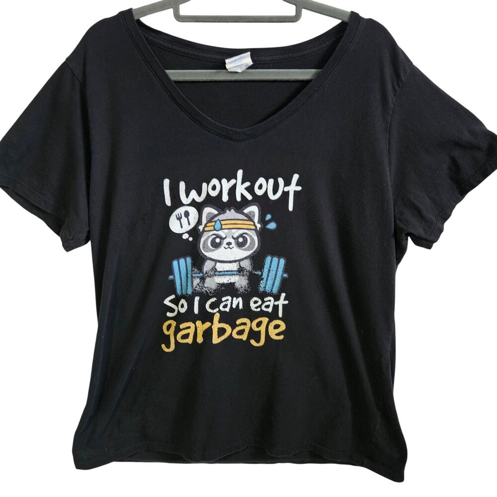 I Workout So I Can Eat Garbage Racoon Graphic Tee Shirt Black Gym Workout XL